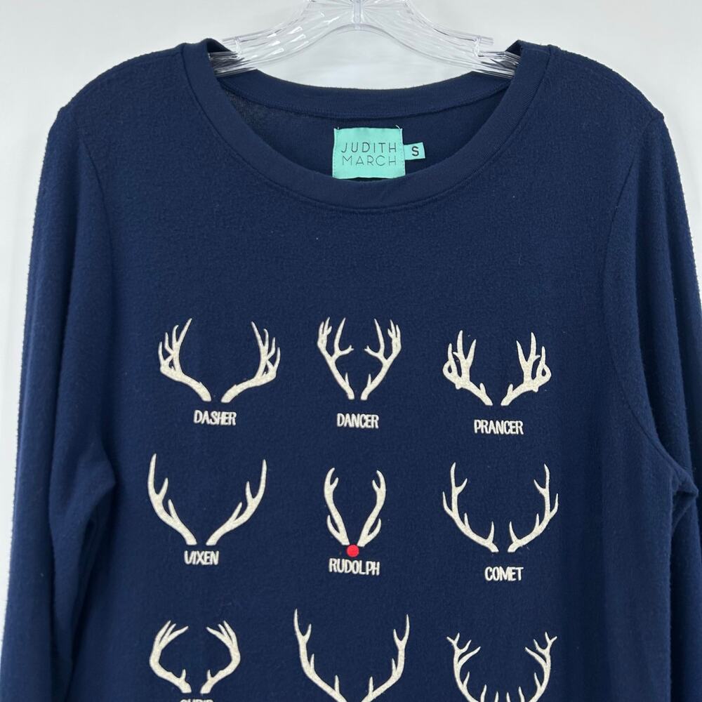 Judith March Navy Reindeer Antler Crewneck Sweatshirt Holiday Women’s Size S - Picture 4 of 11